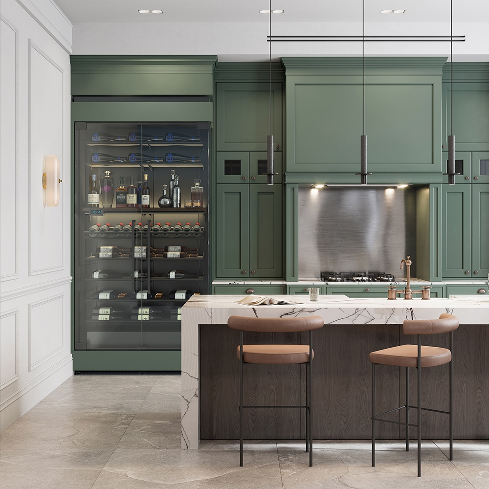Luxurious kitchen interior with high chairs at the kitchen island
